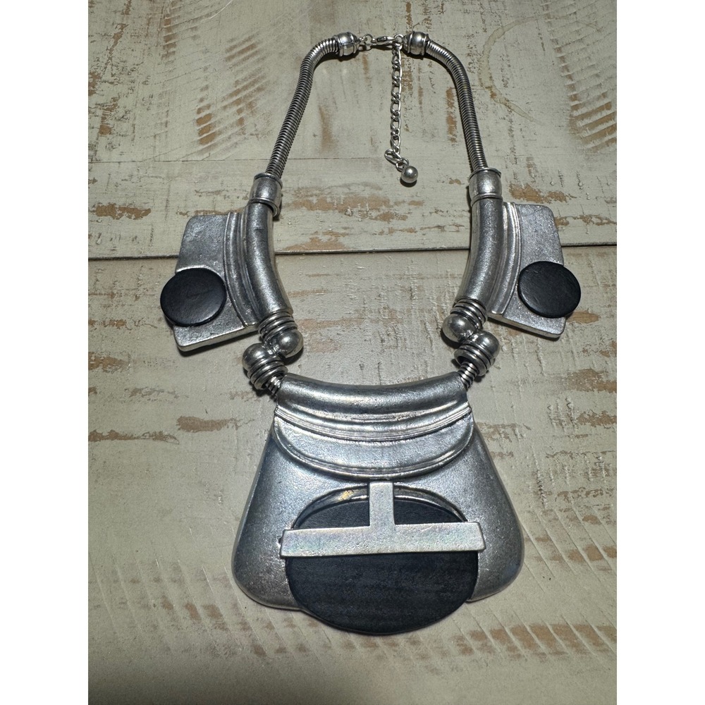 Vintage Brutalist Silver Tone Bib Statement Necklace Black Geometric Inlay